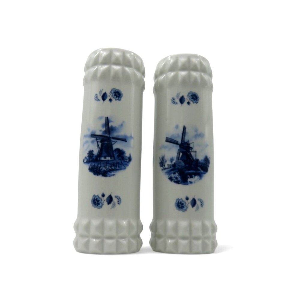 Delft Blue Pair Windmill Vases Holland Hand Painted Ceramic Vintage 9"